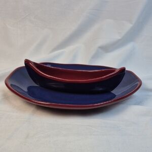 Maxwell Pottery "Canoe on a Lake" Chip & Dip Set - Blue / Dark Red